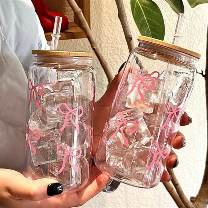 1pc Cute Bow Glass Cup 500ml T - огляд і ціна Bean Hopper Lid