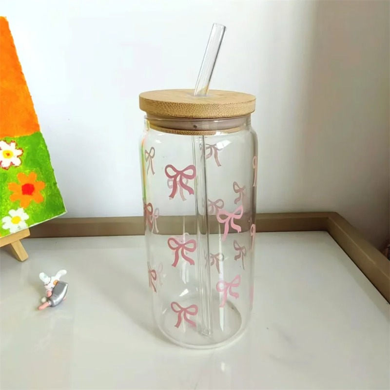 1pc Cute Bow Glass Cup 500ml T - огляд і ціна Bean Hopper Lid