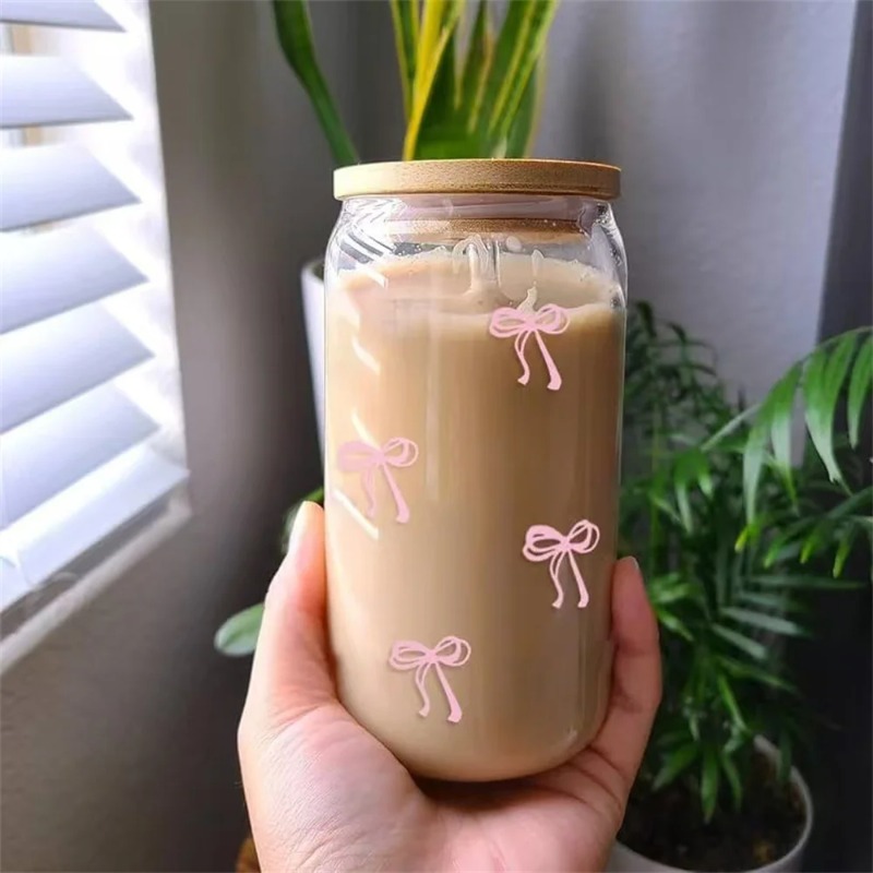 1pc Cute Bow Glass Cup 500ml T - огляд і ціна Bean Hopper Lid